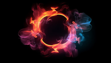 Circle of fire and smoke isolated on black background. 3d renderingの素材