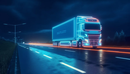 Truck on the road at night with lights. 3d renderingの素材