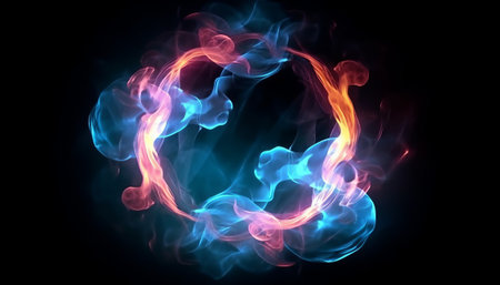 Abstract background of blue and red colored smoke curves in the form of a circleの素材