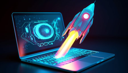 Laptop with flying rocket on dark background. 3D Renderingの素材
