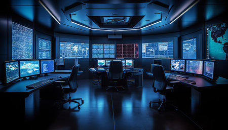 3D rendering of a control room of a large data center with computers and monitorsの素材