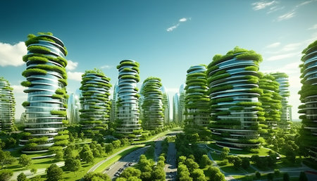 Green city with skyscrapers and green trees. 3d renderingの素材