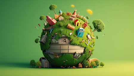 Ecology concept. Green planet with houses, trees and trash. 3D renderingの素材