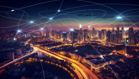 Smart city and wireless communication network over the cityscape at night.の素材