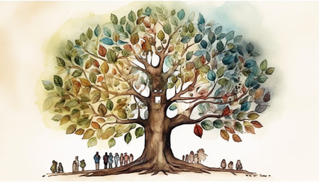 Illustration of a tree with a group of people in the backgroundの素材