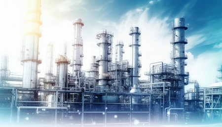 Double exposure of refinery with blue sky background,Industrial power plantの素材