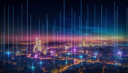 Cityscape with glowing lines and binary code interface. Technology concept. 3D Renderingの素材