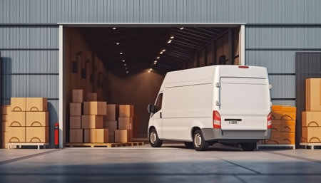 White delivery van in warehouse. 3d rendering mock up toned imageの素材