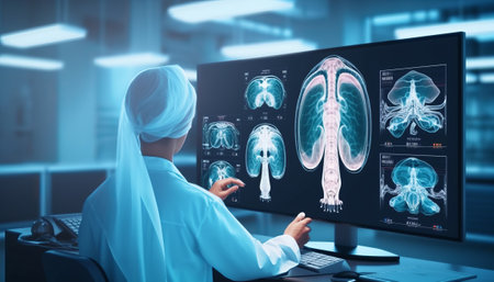 Female doctor looking at x-ray image of lungs in hospital officeの素材