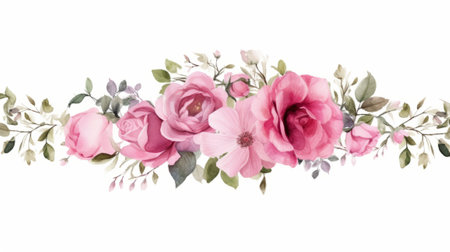 Watercolor floral border with pink roses and leaves isolated on white backgroundの素材