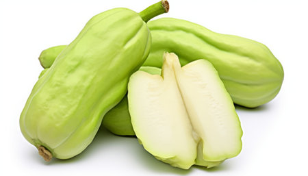 Green chayote on a white background. Close-up.の素材