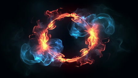 Abstract image of the letter O made of red and blue smoke on a black backgroundの素材