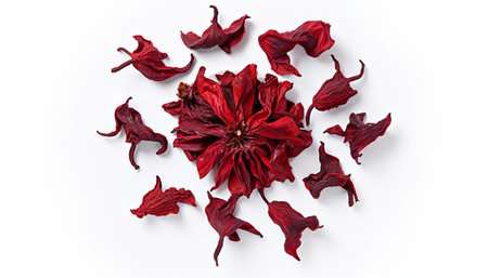 Dried red hibiscus flowers isolated on white background.の素材