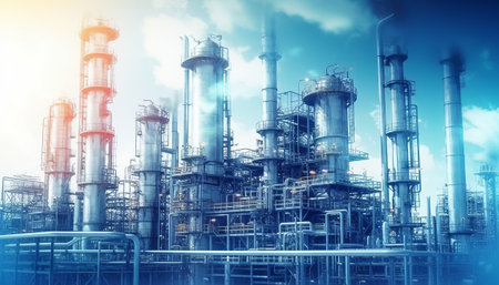 Double exposure of oil refinery plant with blue sky and sun light backgroundの素材