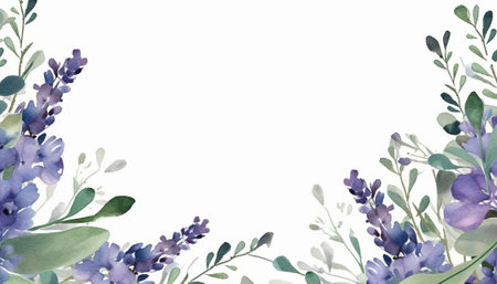 Watercolor lavender flowers and eucalyptus branches. Hand painted illustrationの素材