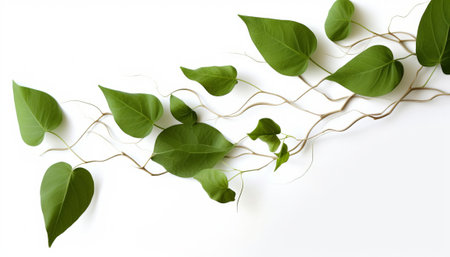 Green leaves on white background. Flat lay, top view, copy spaceの素材