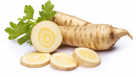 Fresh parsley root and slices isolated on white background cutout.の素材