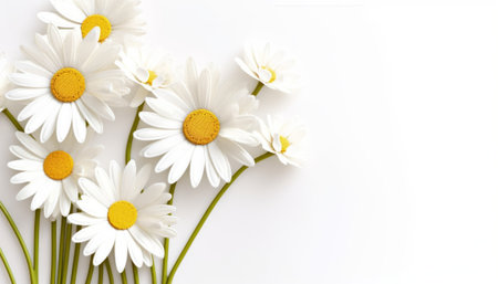 White daisies on white background. Flat lay, top view.の素材