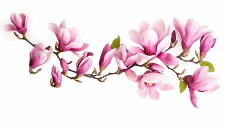 Magnolia flowers isolated on white background. Spring flowers. Flat lay, top view.の素材