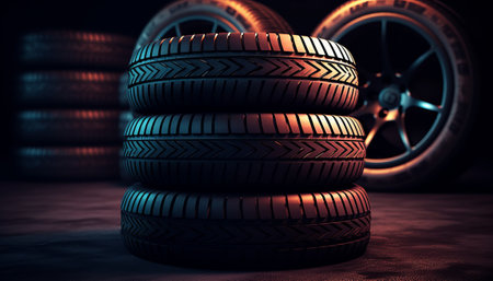 3d illustration of a set of car tires on a dark backgroundの素材