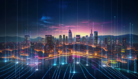 Modern cityscape with glowing lights and digital connection concept. 3D Renderingの素材