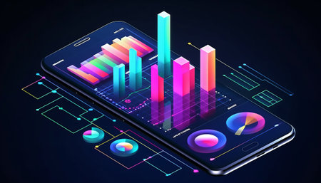 Smartphone with business chart on screen. Isometric vector illustration.の素材