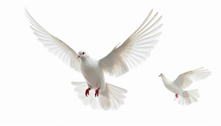 Two white doves flying in the air isolated on a white backgroundの素材