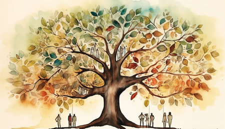 Hand drawn watercolor illustration of family walking under big tree in autumn seasonの素材