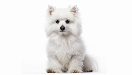 White Pomeranian dog isolated on white background. Studio shot.の素材