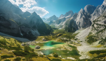 Panoramic view of beautiful alpine lake in high mountains.の素材