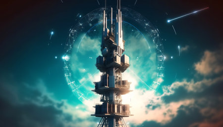 Futuristic space station against blue sky with clouds 3d renderingの素材