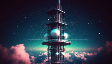 3D rendering of a telecommunication tower against a blue sky with cloudsの素材