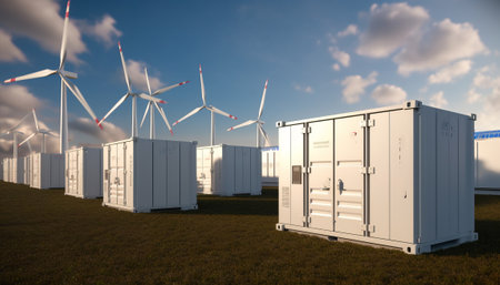 3d rendering of a row of white containers with wind turbines in the backgroundの素材