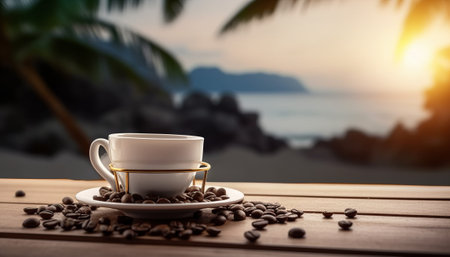 Coffee cup and coffee beans on wooden table and sea backgroundの素材