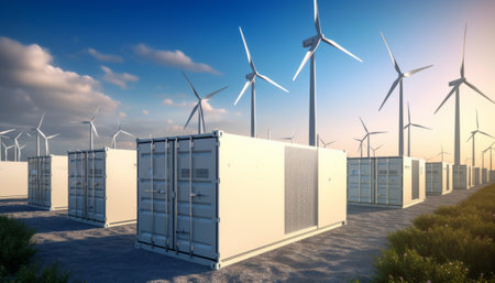 3D rendering of a shipping container with wind turbines in the backgroundの素材