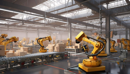 3d rendering industrial robot arms working in factory warehouse for assembly lineの素材