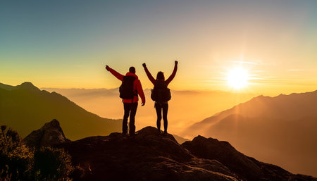 Silhouette of two young woman hiker with raised hands on top of a mountain during sunsetの素材