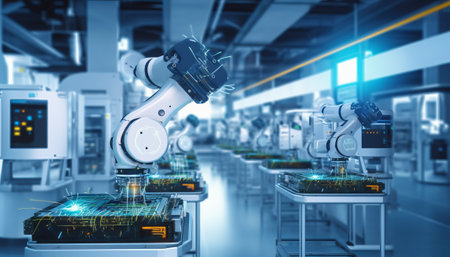 Smart industry robot arm for digital factory production line. 3D renderingの素材