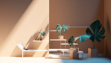 Modern living room interior with bookshelf, computer and plants. 3D Renderingの素材