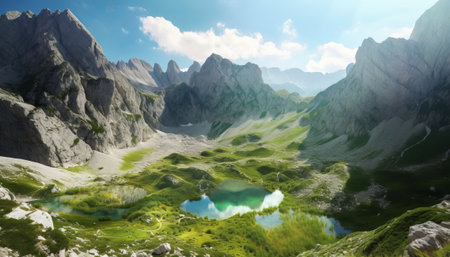 Beautiful panorama of alpine lake in Dolomites, Italyの素材