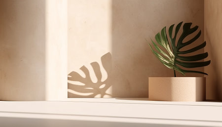 3d rendering of minimal product display podium with monstera leaf.の素材