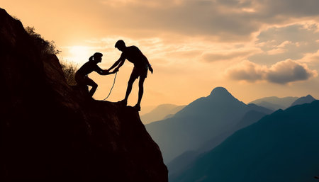Silhouette of a man helping a woman to climb a mountain.の素材