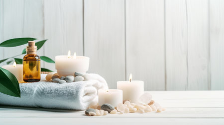 Spa still life with candles, towels and massage stones on white wooden backgroundの素材