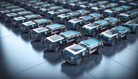 3D rendering of a group of toy cars in a parking lotの素材