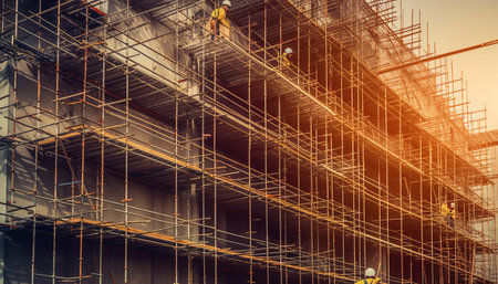 Scaffolding on building construction site with sunlight effect, vintage toneの素材