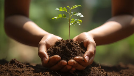 Hands of child holding young plant with soil on blurred background, Earth day conceptの素材