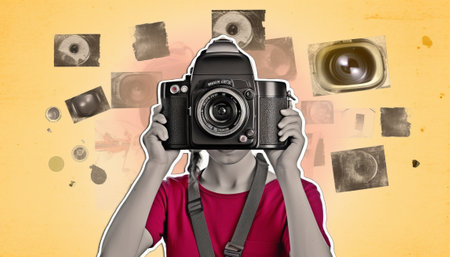 Photographer with camera in front of his head against yellow background with vignetteの素材