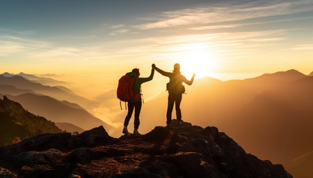 Couple of hikers standing on top of a mountain during sunrise.の素材