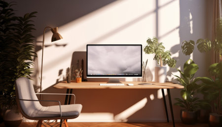 Modern workplace with computer on wooden table in room, 3D renderingの素材