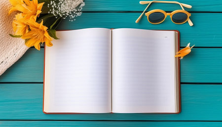 Open notebook with glasses and yellow flowers on turquoise wooden backgroundの素材